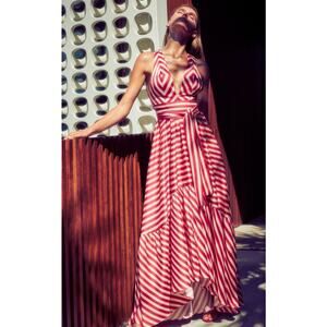 Alexis Oksana Striped Satin Sleeveless Belted Maxi Dress Women's Size Small